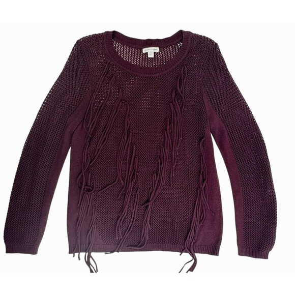 New York & Company Fringe Tassel Open Knit Sweater Mesh Dark Burgundy Grunge M - Picture 1 of 11